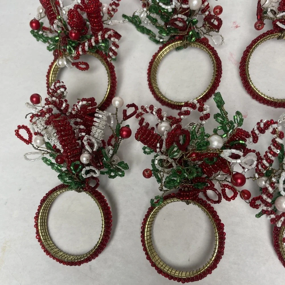 Beaded Holiday Christmas Napkin Ring Holders Set Of 6
